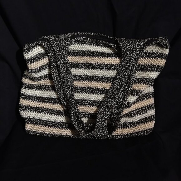 The Sak Crochet Stripped Cream Casual & Black Double Handle Women's Shoulder Bag - Picture 3 of 10